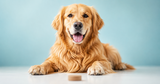 Perro golden retriever feliz y saludable sentado sobre una superficie blanca limpia, mirando a la cámara