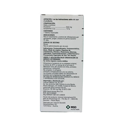 BRAVECTO 400MG 1MES (20-40KG) 1 TABLETA