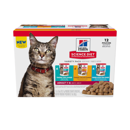 Hills Pouch Mix Gato Adulto Atún, Pollo, Pescado, 12 Pz (4 C/U)