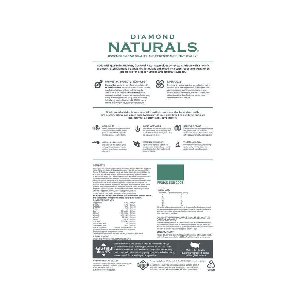 Diamond Naturals Small Breed Adult Dog Lamb Y Rice 6Lbs. (2.72Kg)